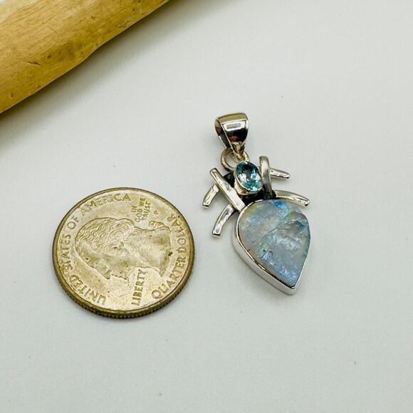 Sterling Silver Natural Rainbow Moonstone Rough & Blue Topaz Pendant - Picture 10 of 16